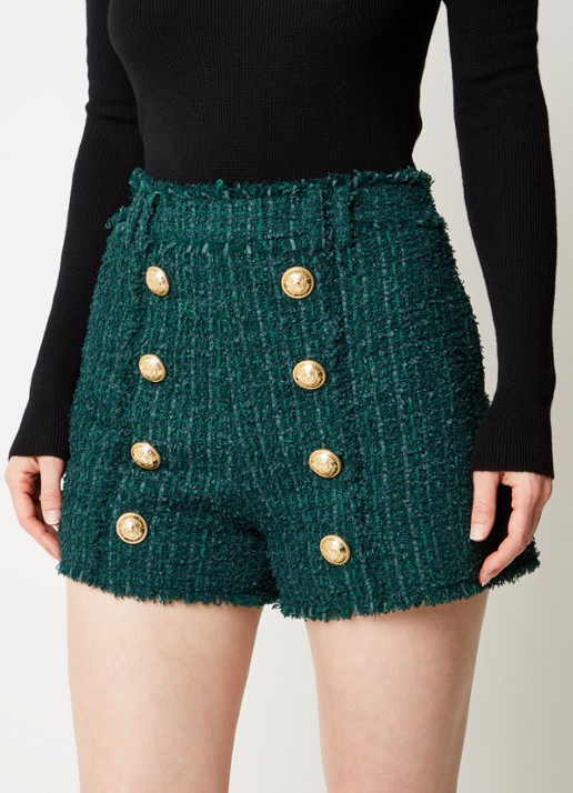 Balmain High waist straight fit korte broek van tweed - detail 2 donkergroen