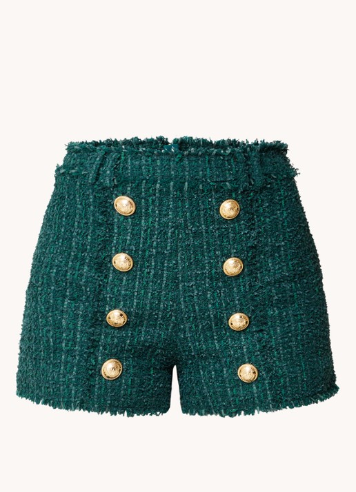 Balmain High waist straight fit korte broek van tweed - voorkant 4 donkergroen