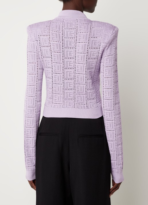 Balmain Kabelgebreid cropped vest met opengewerkt dessin - achterkant lavendel