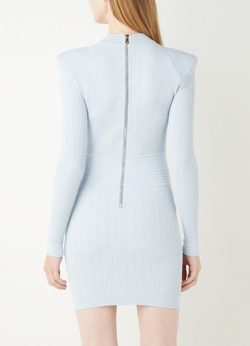 Balmain Mini jurk met ribstructuur en sierknopen - achterkant 4 lichtblauw
