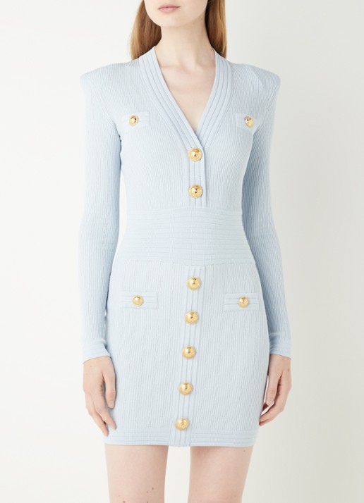 Balmain Mini jurk met ribstructuur en sierknopen - detail lichtblauw