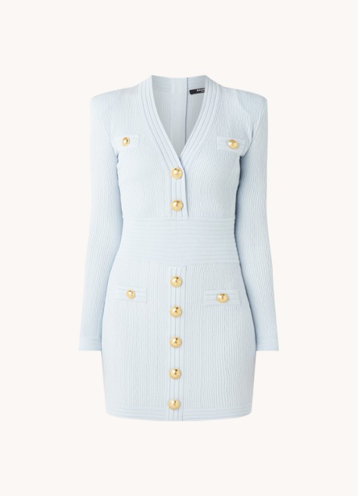 Balmain Mini jurk met ribstructuur en sierknopen - voorkant 2 lichtblauw