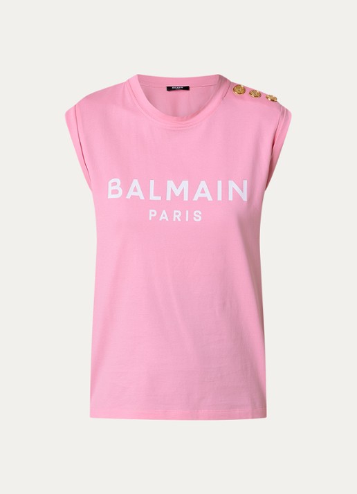 Balmain Mouwloze top met sierknopen en logoprint - voorkant 2 roze