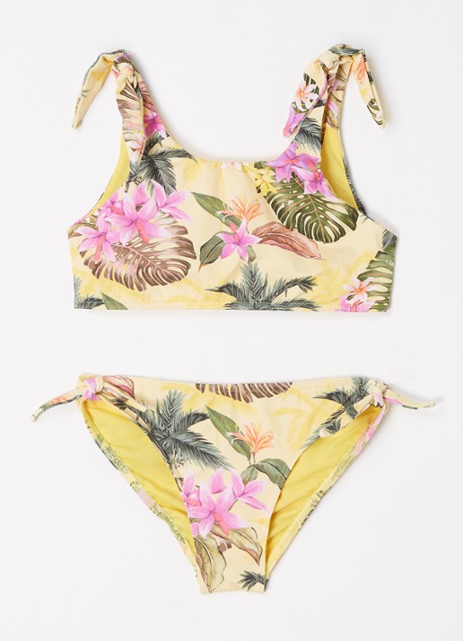 Banana Moon Bikini met bloemenprint en striksluiting - voorkant geel