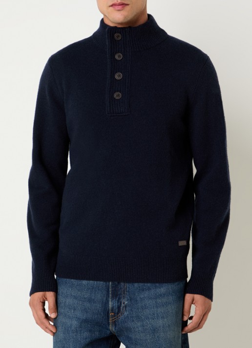 Barbour Essential fijngebreide trui van wol met halve rits - detail 3 donkerblauw