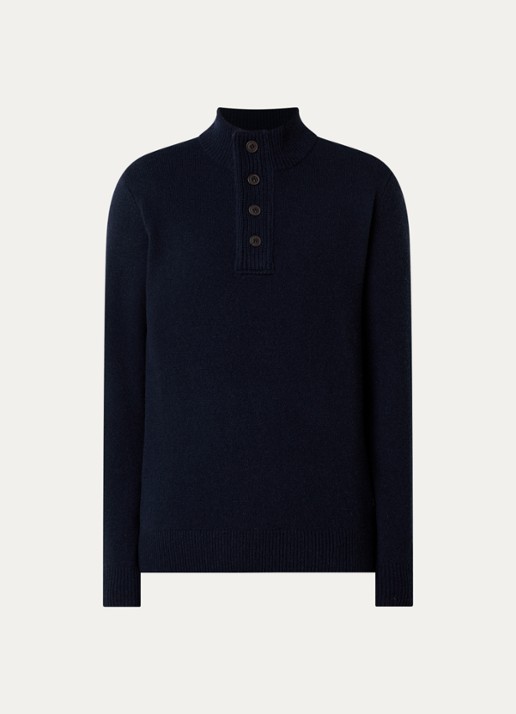 Barbour Essential fijngebreide trui van wol met halve rits - voorkant donkerblauw
