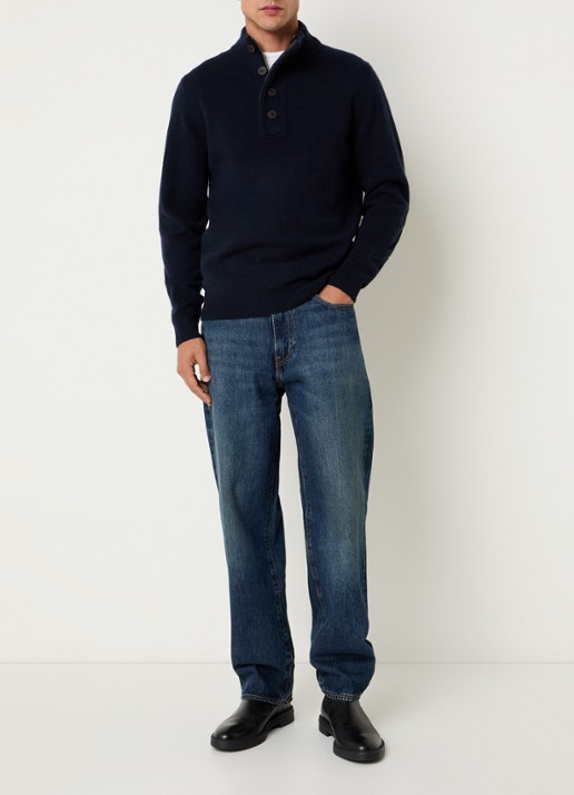 Barbour Essential fijngebreide trui van wol met halve rits - voorkant 2 donkerblauw