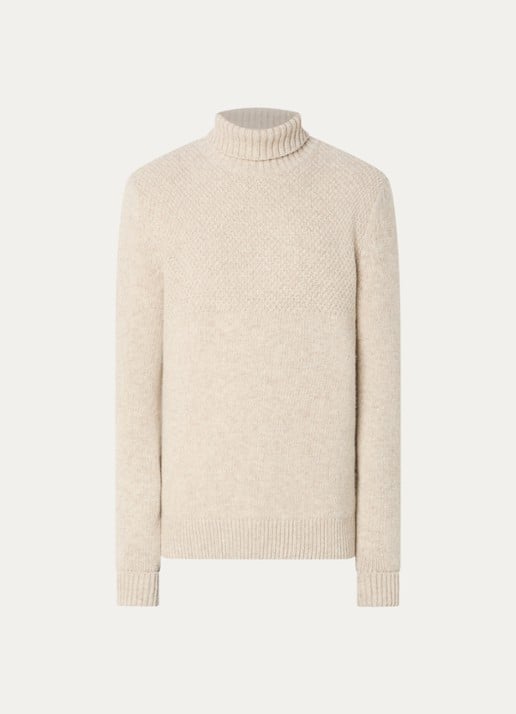 Barbour Northcliffe grofgebreide coltrui van wol - voorkant 2 beige