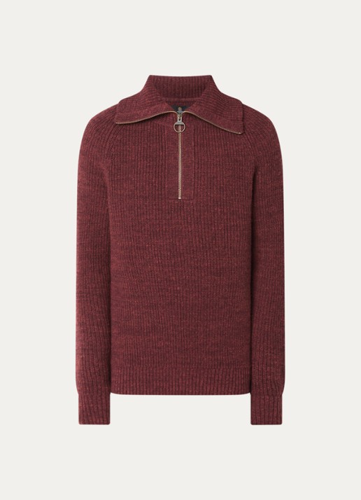 Barbour Riggbay grofgebreide trui van wol met halve rits - voorkant 2 donkerrood