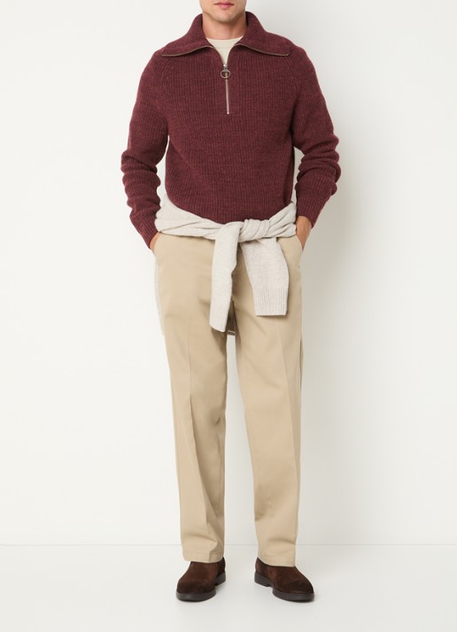 Barbour Riggbay grofgebreide trui van wol met halve rits - voorkant 3 donkerrood