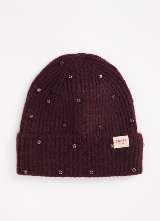 Barts Alenya ribgebreide muts met strass - voorkant aubergine