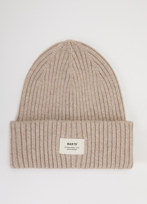 Barts Basalth ribgebreide muts met logo - voorkant beige