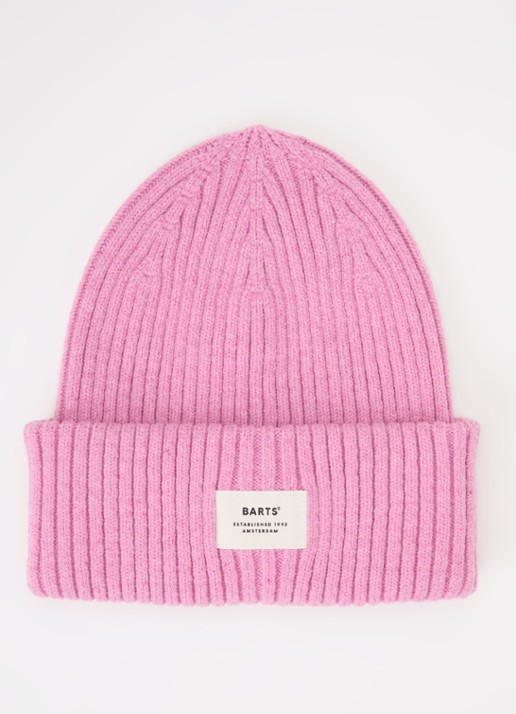 Barts Basalth ribgebreide muts met logo - voorkant roze