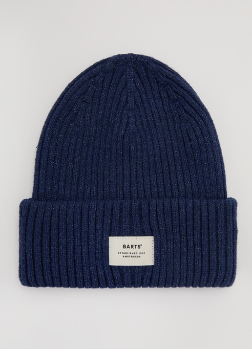 Barts Basalth ribgebreide muts met logo - voorkant donkerblauw