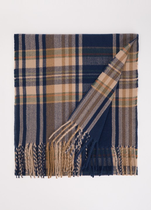 Barts Wallash sjaal met ruitdessin en franjes 190 x 40 cm - voorkant 3 donkerblauw