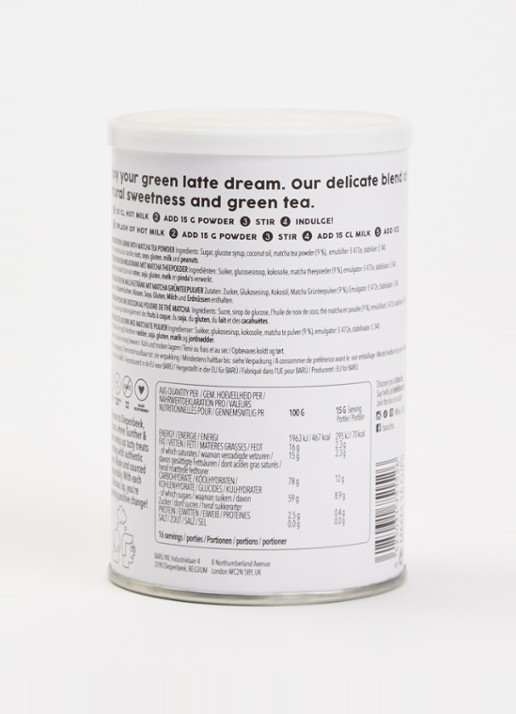 Barú Matcha Latte losse thee 250 gram - achterkant lichtgroen