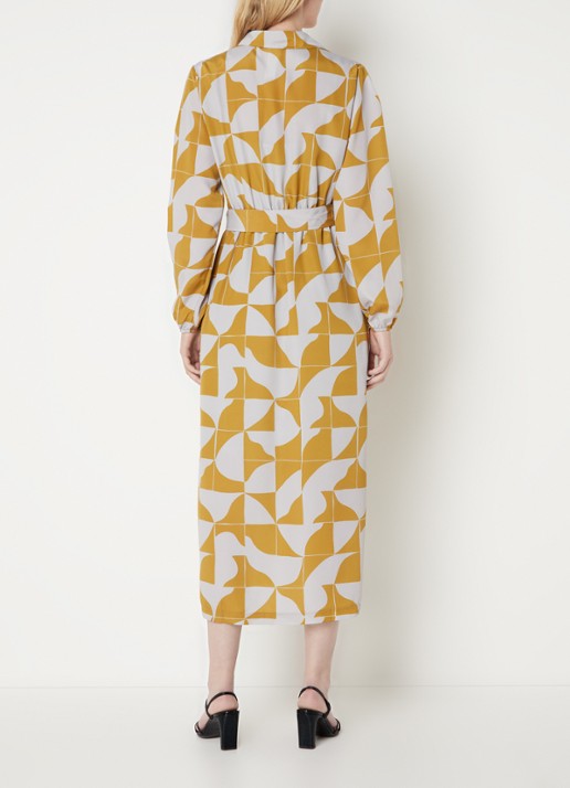 Beaumont Breezy midi blousejurk met strikceintuur en print - achterkant 3 mosterd