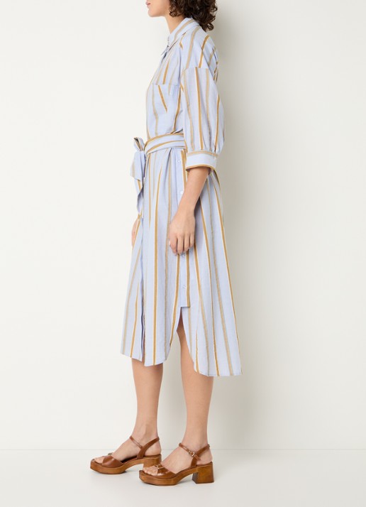Beaumont India midi blousejurk met streepprint en strikceintuur - voorkant 2 blauwgrijs