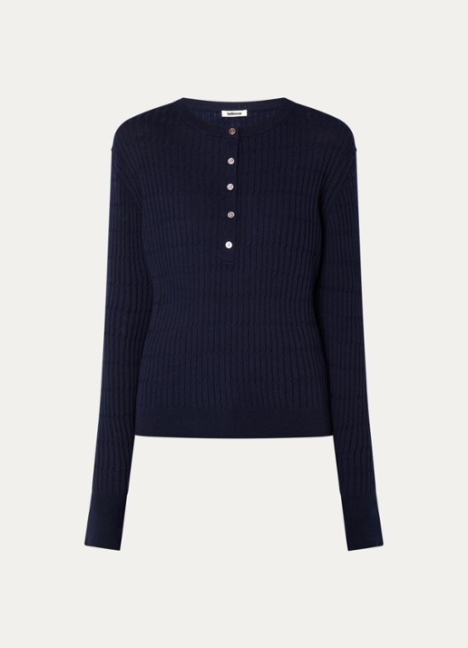Bellerose Aryro ribgebreide trui van wol - voorkant donkerblauw