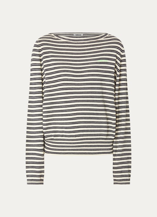 Bellerose Gerhi fijngebreide sweater in wolblend met streepprint - voorkant 2 gebroken wit