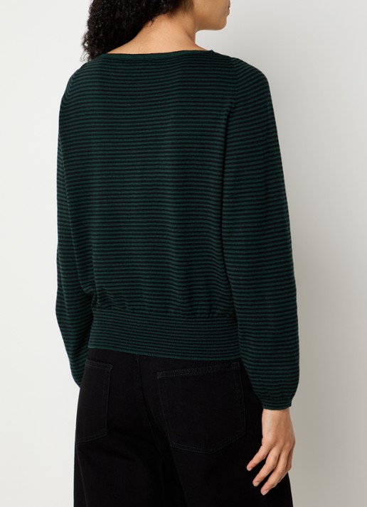 Bellerose Gerhi fijngebreide sweater in wolblend met streepprint - achterkant 3 donkergroen