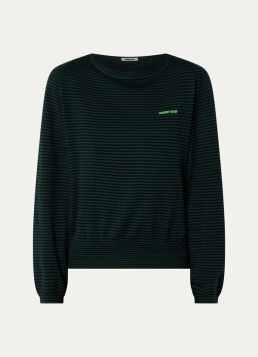 Bellerose Gerhi fijngebreide sweater in wolblend met streepprint - voorkant donkergroen