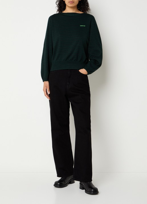 Bellerose Gerhi fijngebreide sweater in wolblend met streepprint - voorkant 2 donkergroen