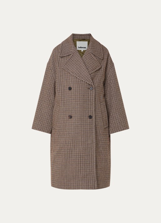Bellerose Jaguar mantel in wolblend met print - voorkant donkerbruin