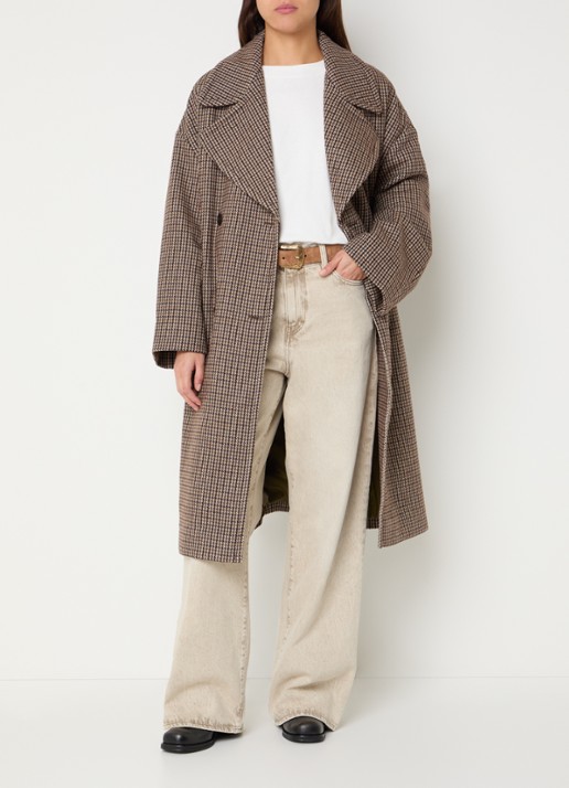 Bellerose Jaguar mantel in wolblend met print - voorkant 2 donkerbruin