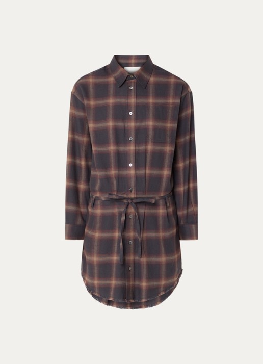 Bellerose Jarvis midi blousejurk met ruitdessin en ceintuur - voorkant bruin
