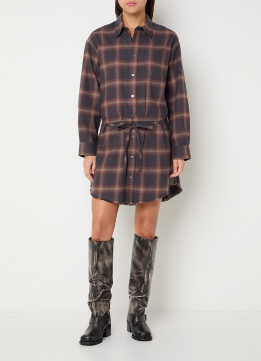 Bellerose Jarvis midi blousejurk met ruitdessin en ceintuur - voorkant 2 bruin