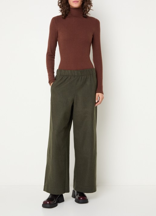 Bellerose Joline mid waist straight fit broek in wolblend - voorkant 4 olijfgroen