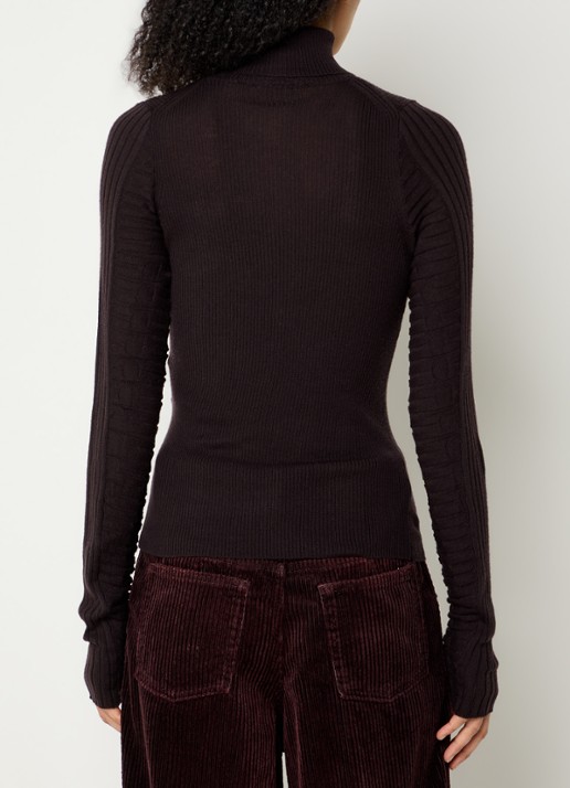 Bellerose Ribgebreide trui van merinowol met col - achterkant 4 bruin