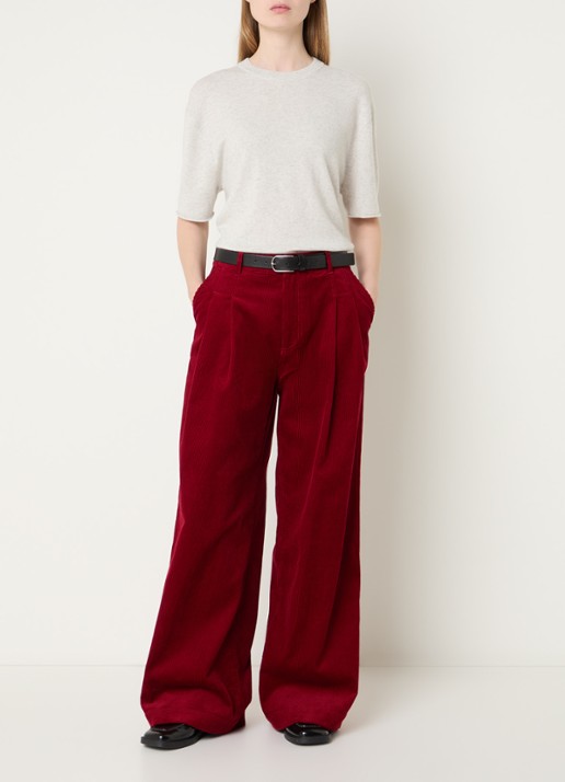 Bellerose Sixtine high waist wide fit broek met structuur - voorkant 2 donkerbeige
