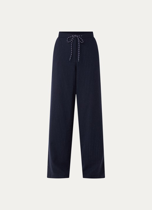Bellerose Solene mid waist loose fit broek in wolblend met krijtstreep en steekzakken - voorkant 2 donkerblauw