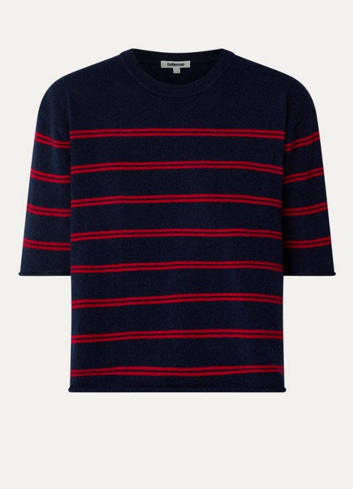 Bellerose Sonza fijngebreide pullover in kasjmierblend met streepprint - voorkant donkerblauw