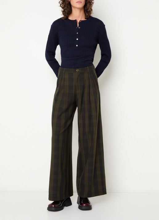 Bellerose Volkert high waist wide fit broek met ruitdessin - voorkant 3 donkergroen