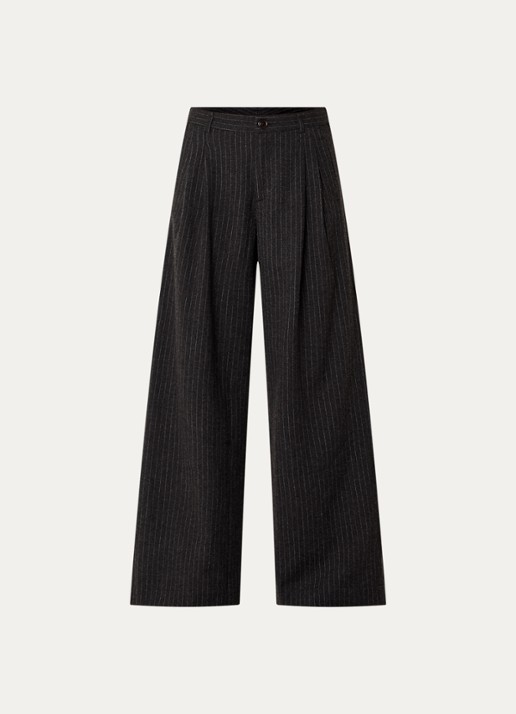 Bellerose Volkert high waist wide fit pantalon in wolblend met krijtstreep - voorkant 3 antraciet