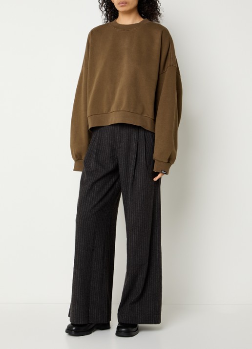 Bellerose Volkert high waist wide fit pantalon in wolblend met krijtstreep - voorkant 4 antraciet