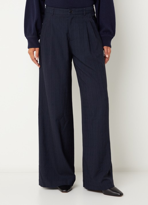 Bellerose Volkert61 mid waist wide fit pantalon in wolblend met krijtstreep  - detail 3 donkerblauw