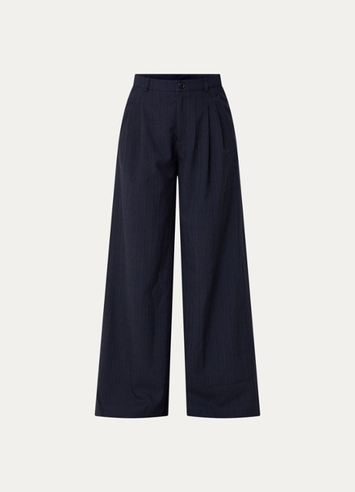 Bellerose Volkert61 mid waist wide fit pantalon in wolblend met krijtstreep  - voorkant donkerblauw