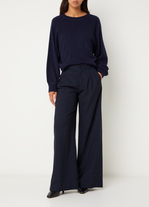 Bellerose Volkert61 mid waist wide fit pantalon in wolblend met krijtstreep  - voorkant 2 donkerblauw