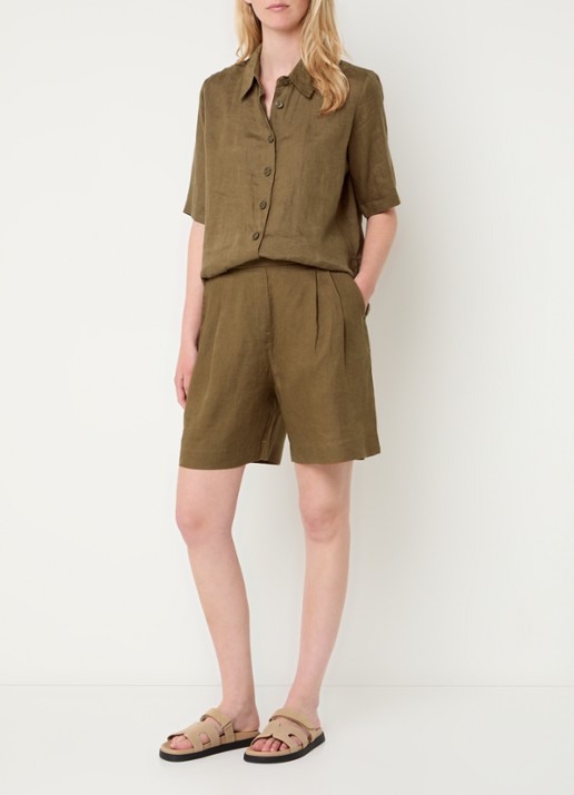 Benetton Bermuda high waist loose fit korte broek van linnen - voorkant bruin