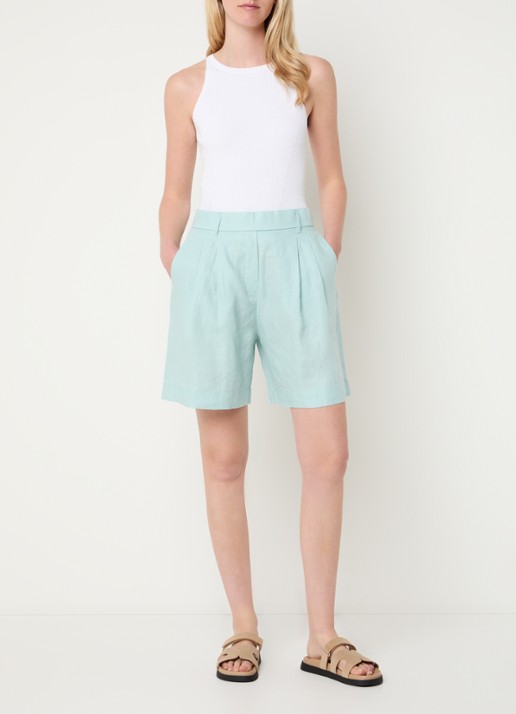 Benetton Bermuda high waist loose fit korte broek van linnen - voorkant 4 lindegroen