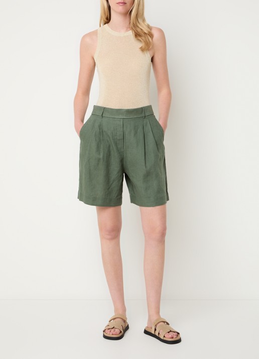 Benetton Bermuda high waist loose fit korte broek van linnen - voorkant 4 donkergroen