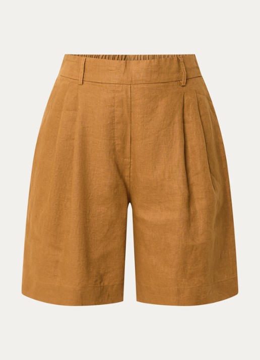 Benetton Bermuda high waist loose fit korte broek van linnen - voorkant 2 camel