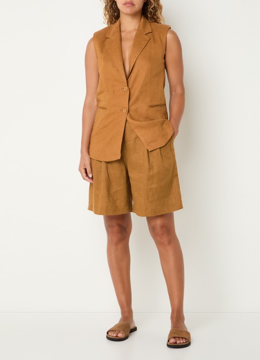Benetton Bermuda high waist loose fit korte broek van linnen - voorkant 3 camel