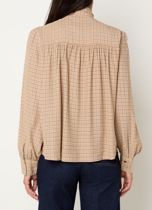 Benetton Blouse met ruitdessin en sjaalkraag - achterkant beige