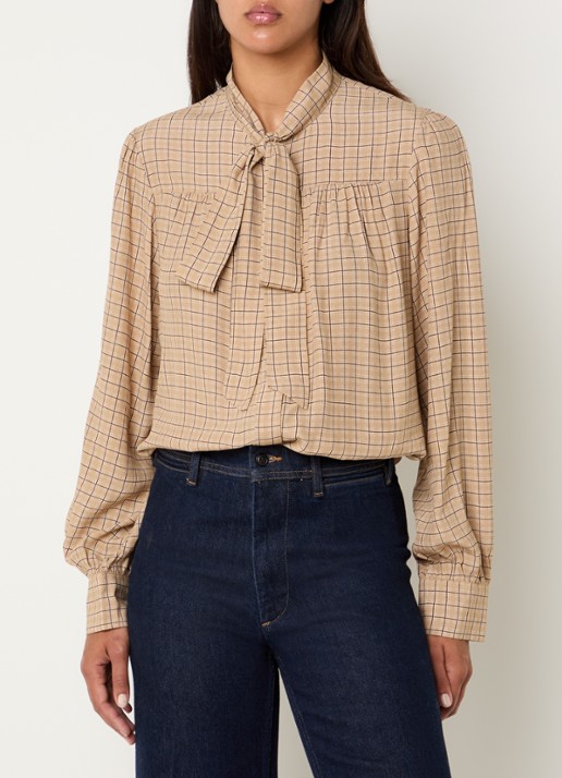 Benetton Blouse met ruitdessin en sjaalkraag - detail 4 beige