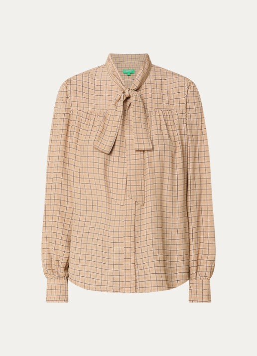 Benetton Blouse met ruitdessin en sjaalkraag - voorkant 2 beige